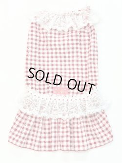 画像1: レースコットン☆ギンガム柄ガーリーワンピ（レッド）・５号